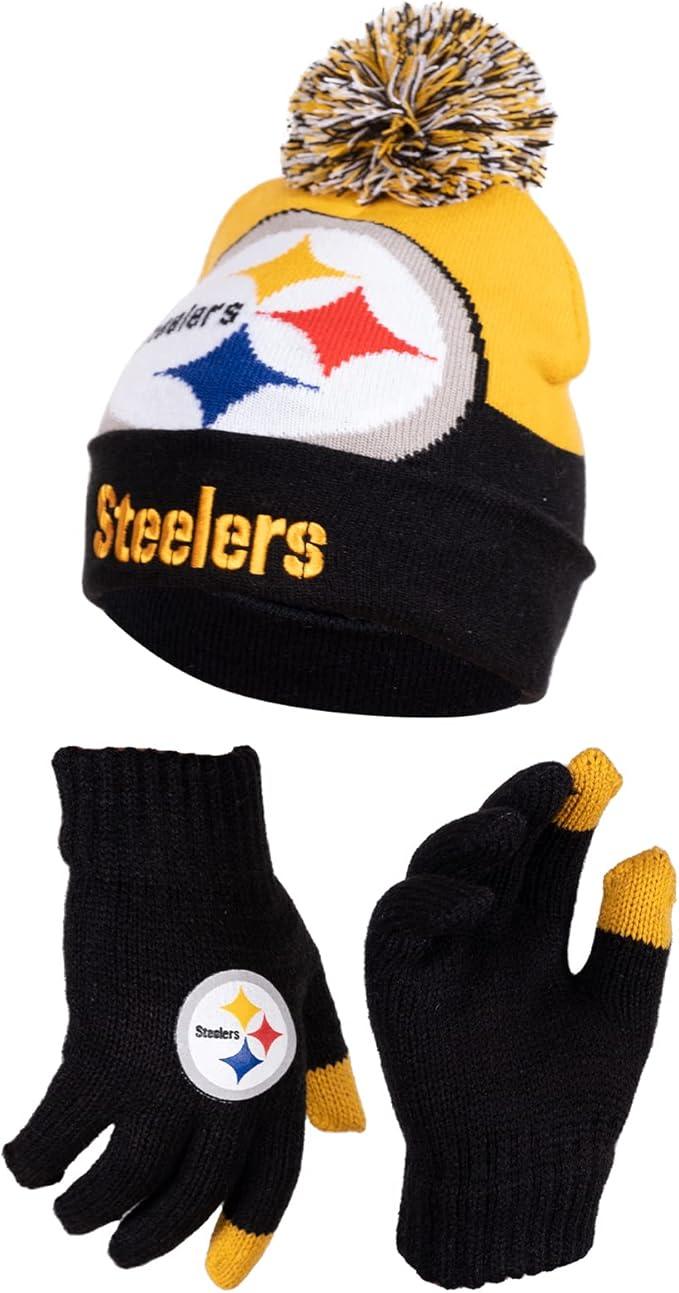 NFL Official Youth Super Soft Winter Beanie Knit Hat With Extra Warm Touch Screen Gloves|Pittsburgh Steelers