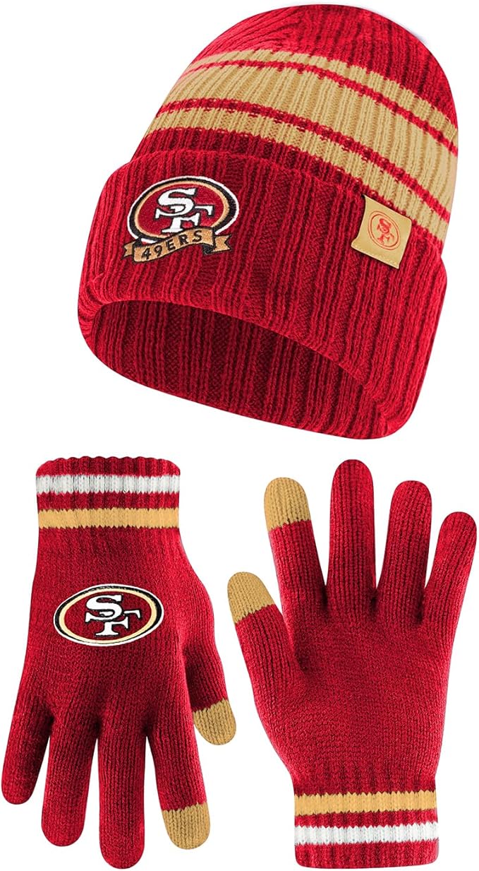 NFL Womens Super Soft Team Stripe Winter Beanie Knit Hat with Extra Warm Touch Screen Gloves|San Francisco 49ers
