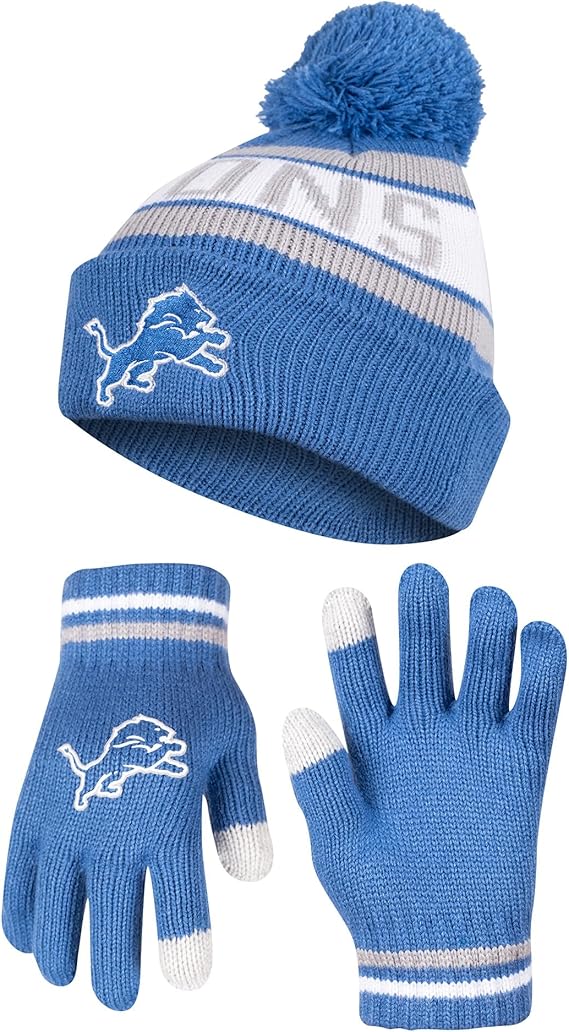 NFL Official Youth Super Soft Winter Beanie Knit Hat With Extra Warm Touch Screen Gloves|Detroit Lions