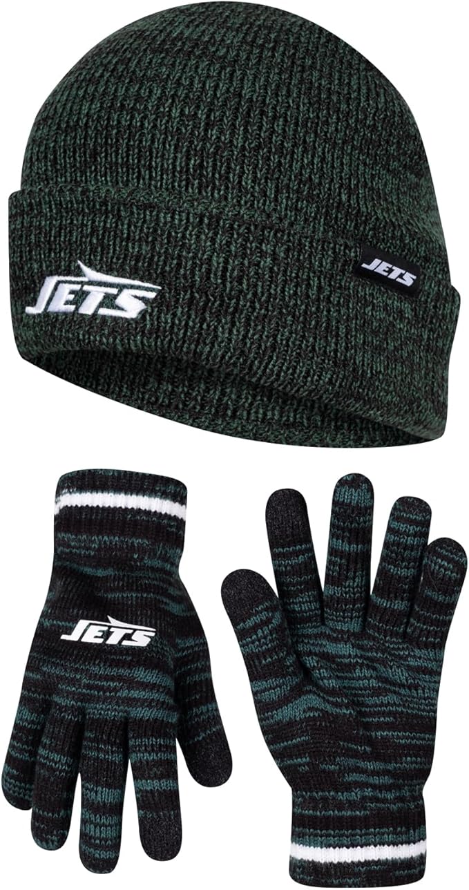 NFL Official Super Soft Marl Knit Winter Beanie Knit Hat with Extra Warm Touch Screen Gloves|New York Jets