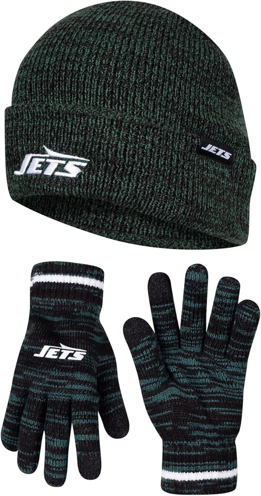 NFL Official Super Soft Marl Knit Winter Beanie Knit Hat with Extra Warm Touch Screen Gloves|New York Jets