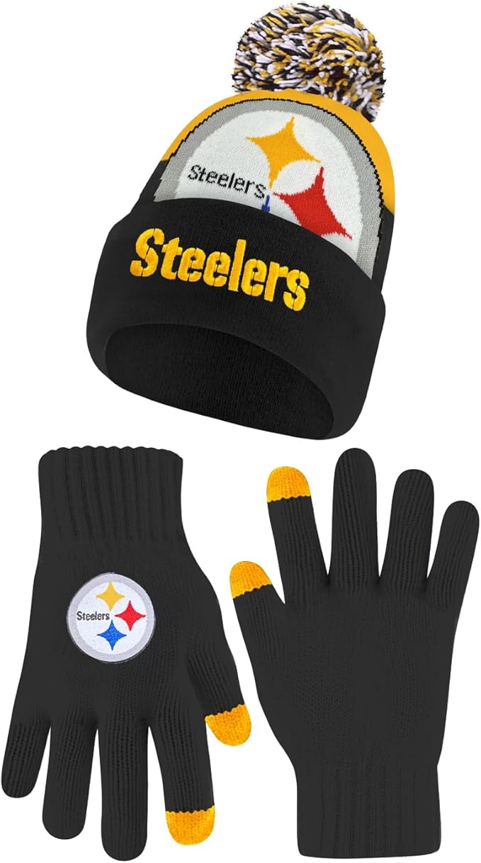 Ultra Game NFL Official Adults Unisex Super Soft Winter Beanie Knit Hat With Extra Warm Touch Screen Gloves|Pittsburgh Steelers