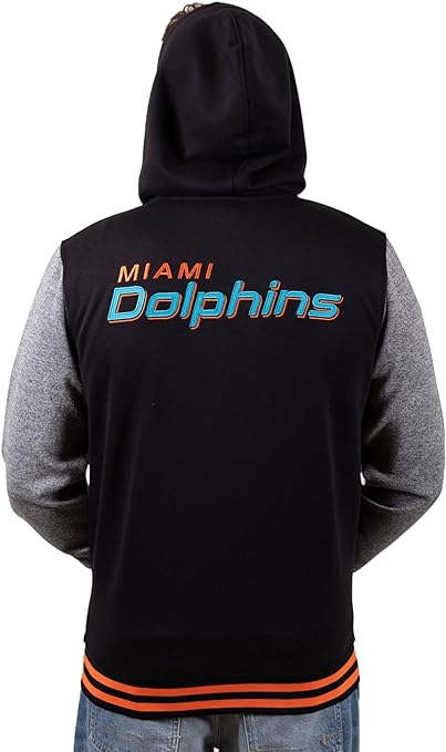 Ultra Game NFL Miami Dolphins Mens Full Zip Soft Fleece Letterman Varsity Jacket Hoodie|Miami Dolphins