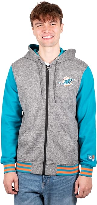 Ultra Game NFL Miami Dolphins Mens Full Zip Soft Fleece Letterman Varsity Jacket Hoodie|Miami Dolphins