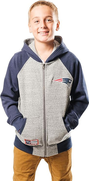 Ultra Game NFL New England Patriots Youth Full Zip Soft Fleece Raglan Hoodie|New England Patriots