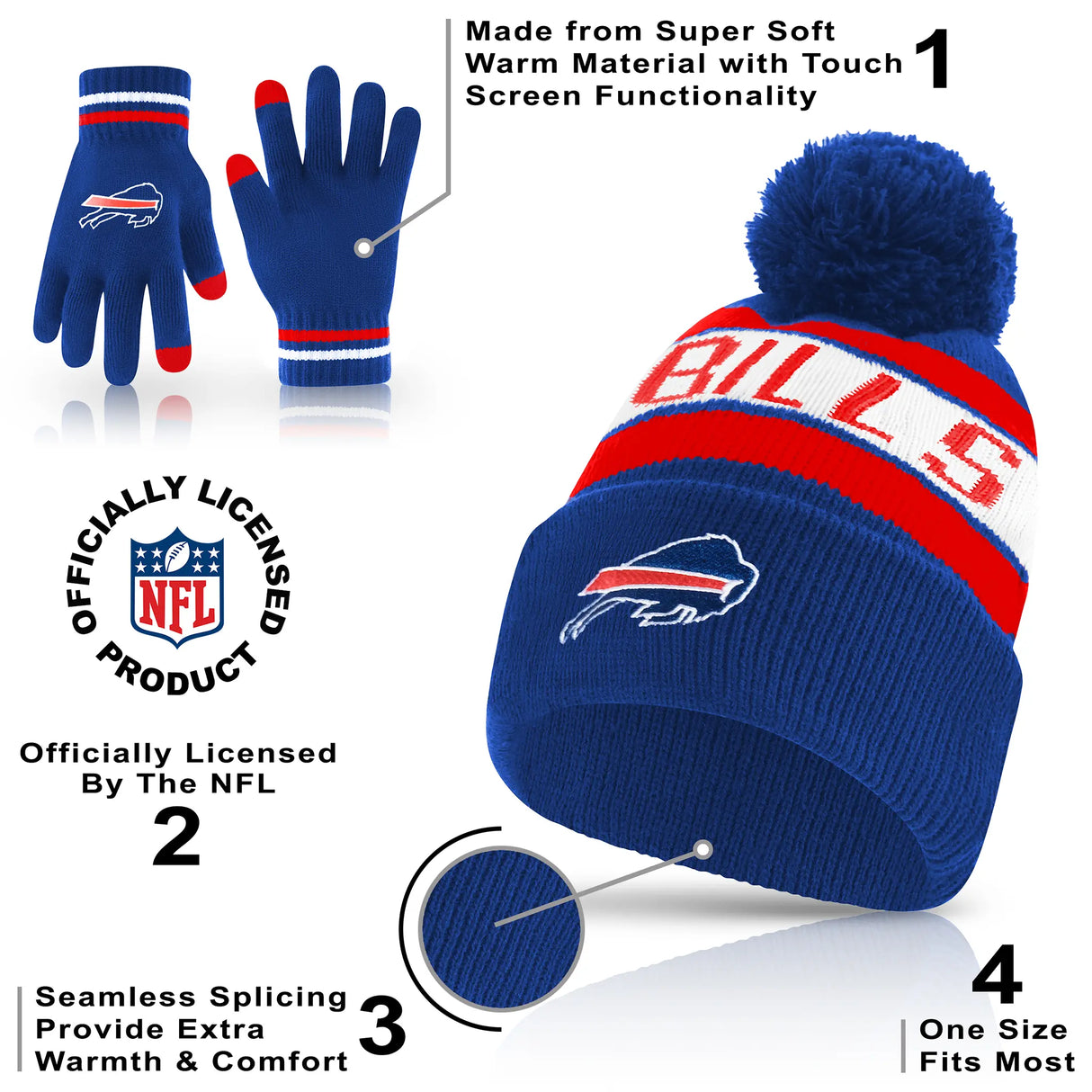 Ultra Game Adults NFL Official Super Soft Winter Beanie Knit Hat With Warm Touch Screen Gloves | Buffalo Bills