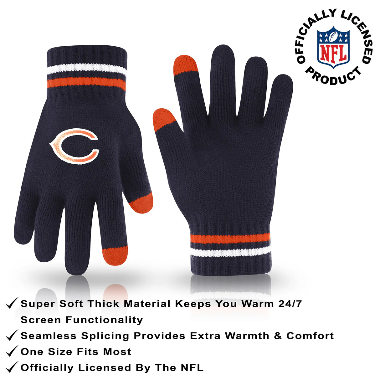 Ultra Game Adults NFL Official Super Soft Winter Beanie Knit Hat With Warm Touch Screen Gloves | Chicago Bears