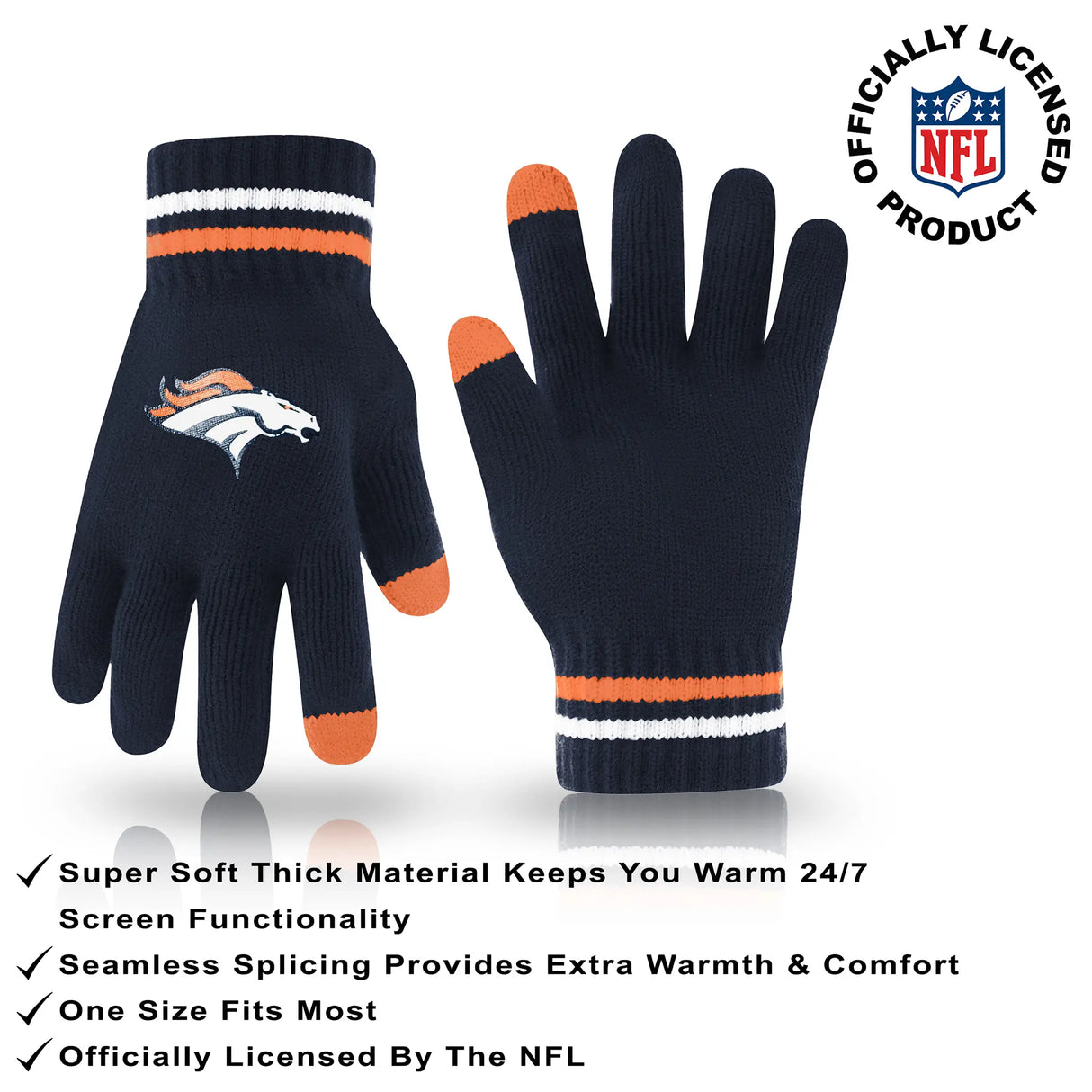 Ultra Game Adults NFL Official Super Soft Winter Beanie Knit Hat With Warm Touch Screen Gloves | Denver Broncos