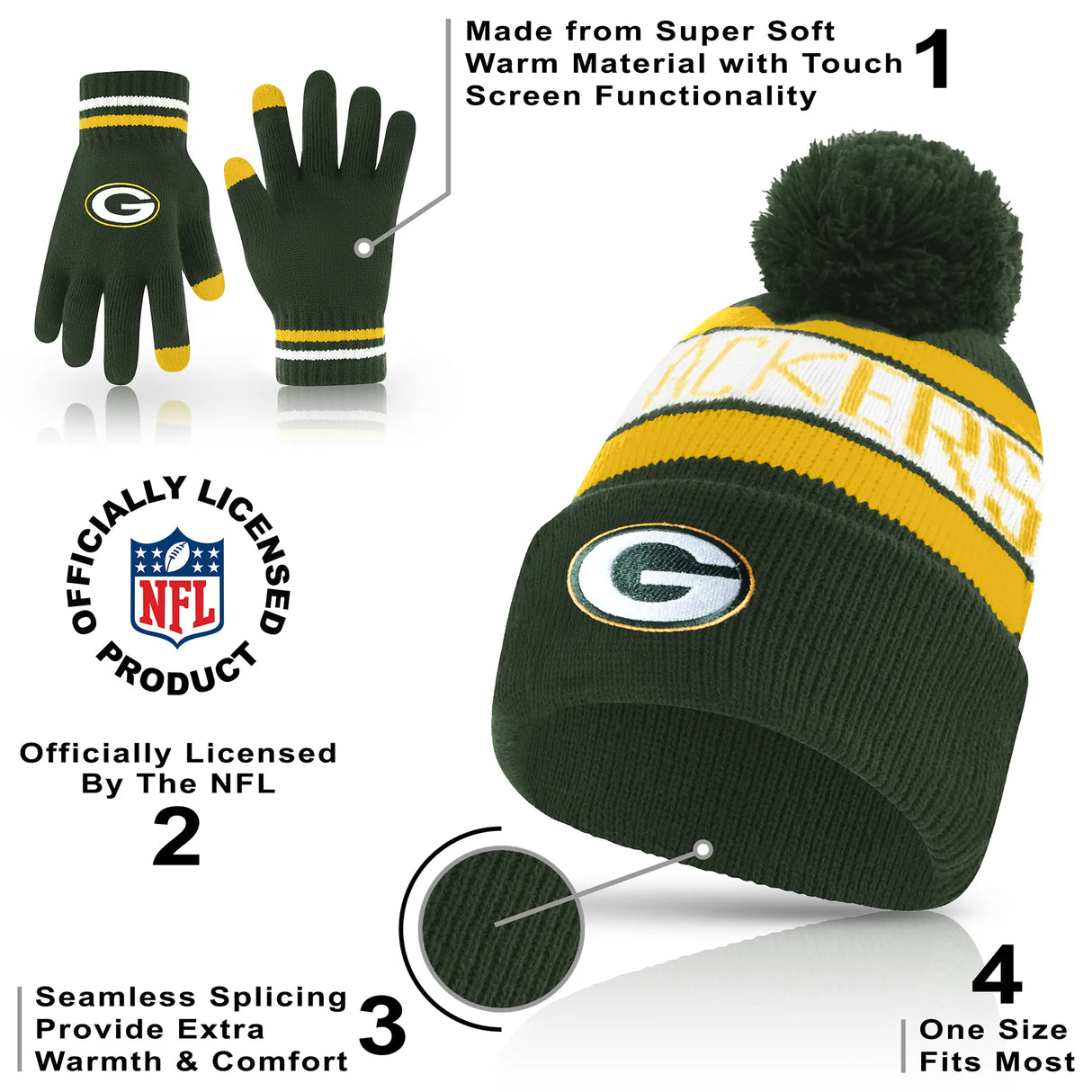Ultra Game Adults NFL Official Super Soft Winter Beanie Knit Hat With Warm Touch Screen Gloves | Green Bay Packers
