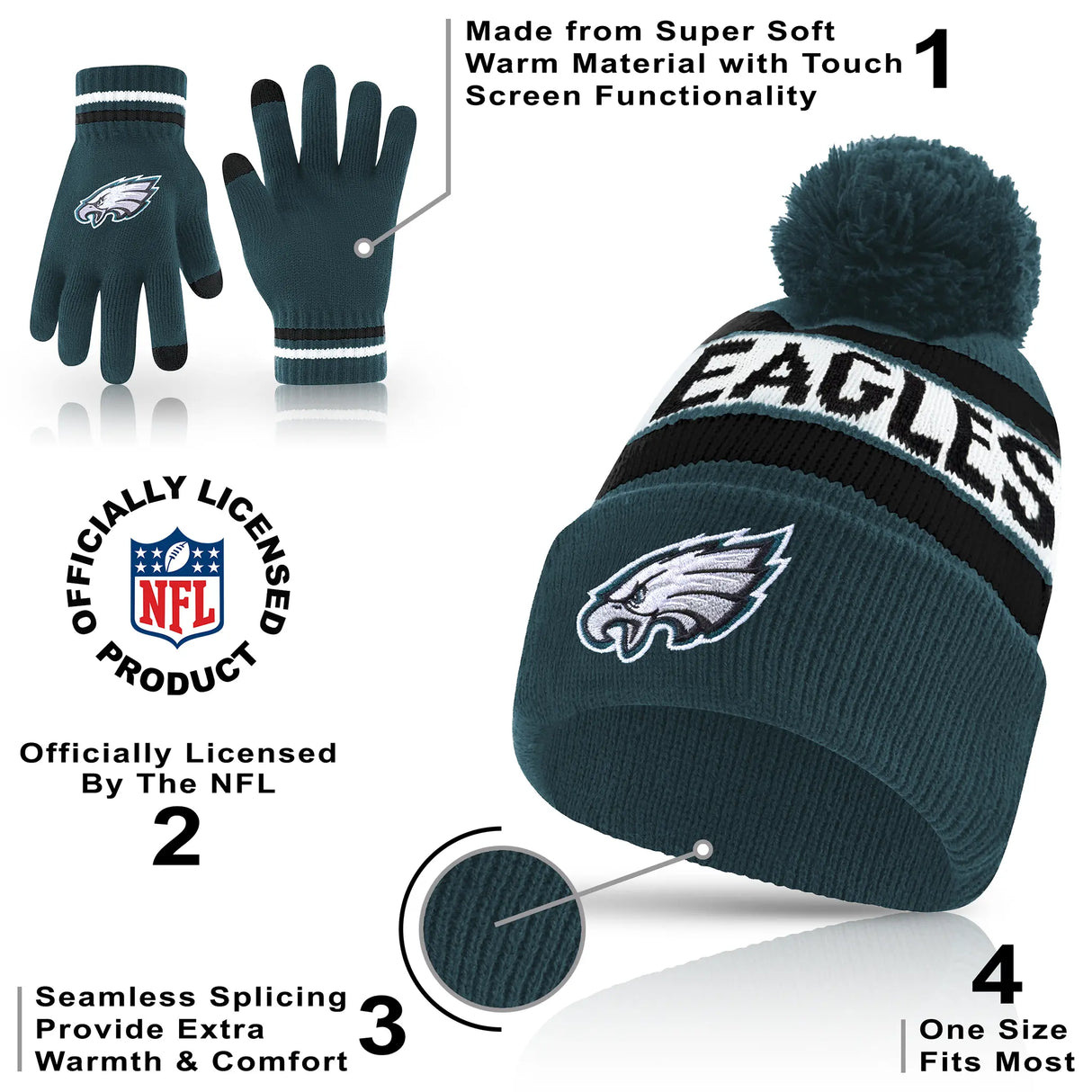 Ultra Game Adults NFL Official Super Soft Winter Beanie Knit Hat With Warm Touch Screen Gloves | Philadelphia Eagles