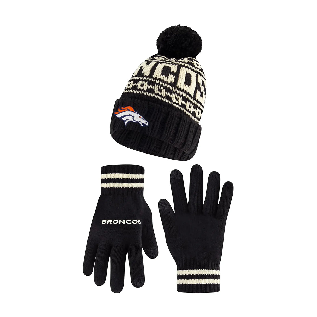 Ultra Game Adults NFL Official Super Soft Cable Knit Winter Beanie Knit Hat with Warm Touch Screen Gloves | Denver Broncos