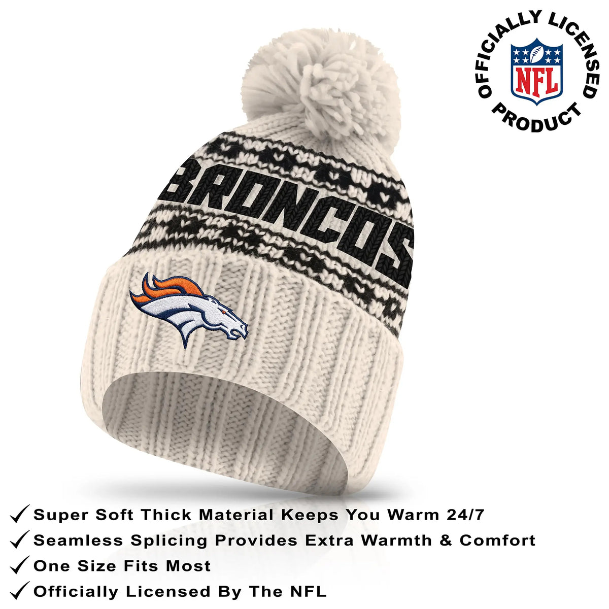 Ultra Game Adults NFL Official Super Soft Cable Knit Winter Beanie Knit Hat with Warm Touch Screen Gloves | Denver Broncos