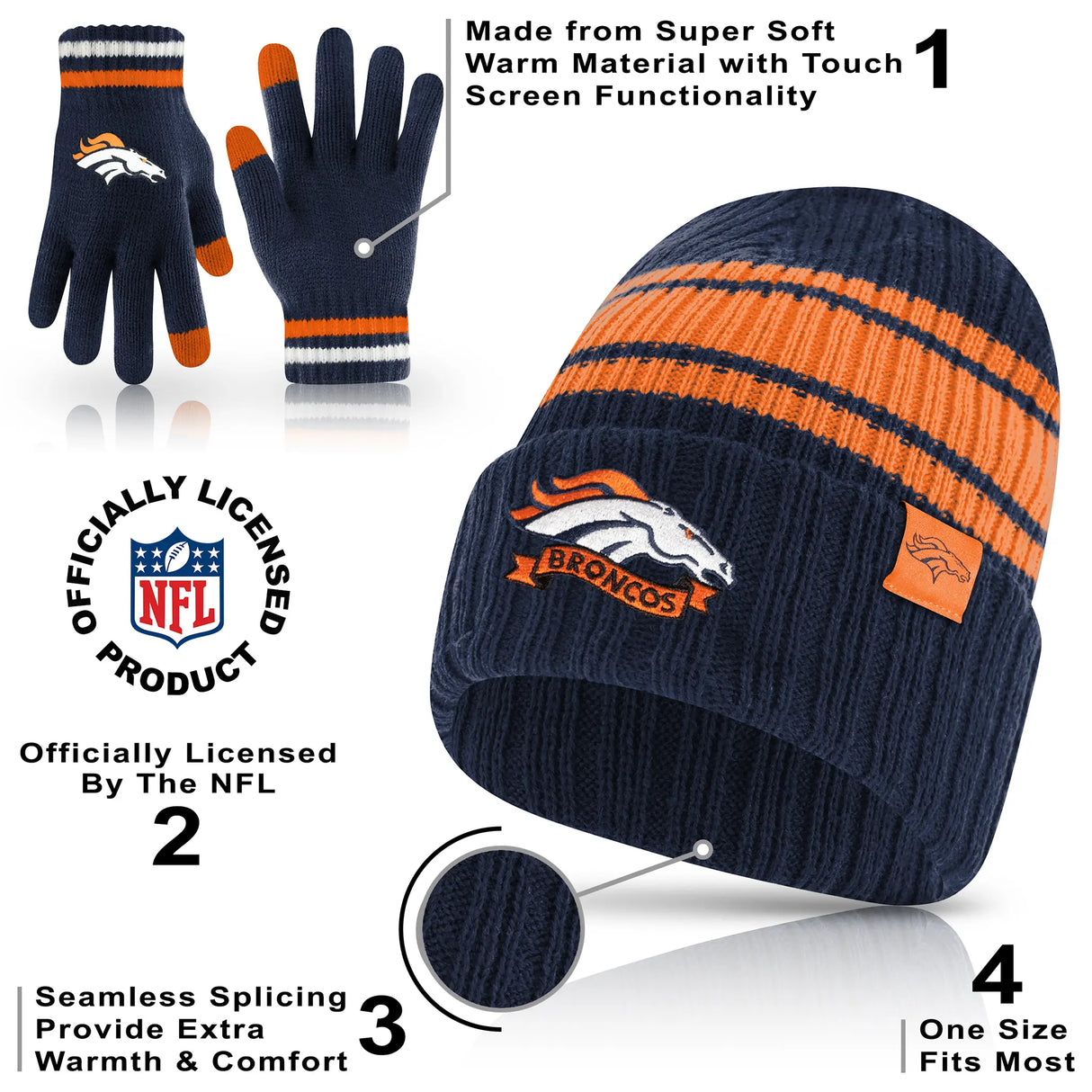 Ultra Game Adults NFL Official Super Soft Team Stripe Winter Beanie Knit Hat with Extra Warm Touch Screen Gloves
