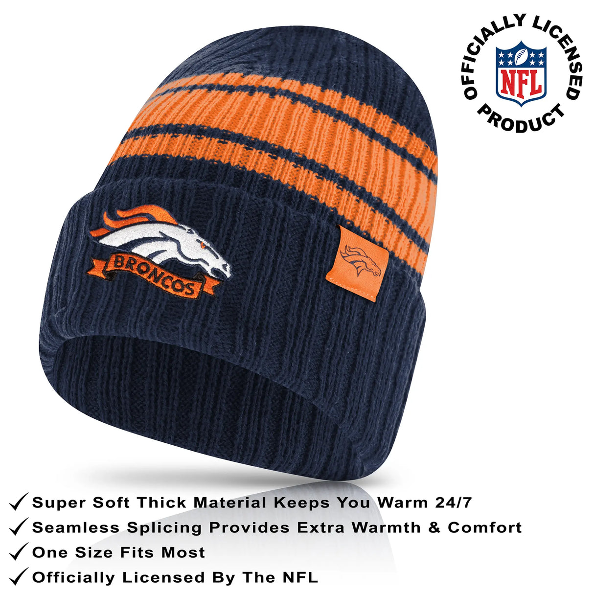 Ultra Game Adults NFL Official Super Soft Team Stripe Winter Beanie Knit Hat with Extra Warm Touch Screen Gloves | Denver Broncos