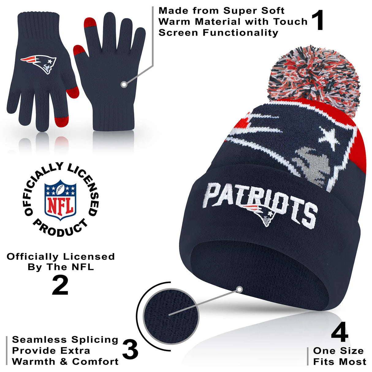 Ultra Game Adults NFL Official Super Soft Winter Beanie Knit Hat With Warm Touch Screen Gloves | New England Patriots