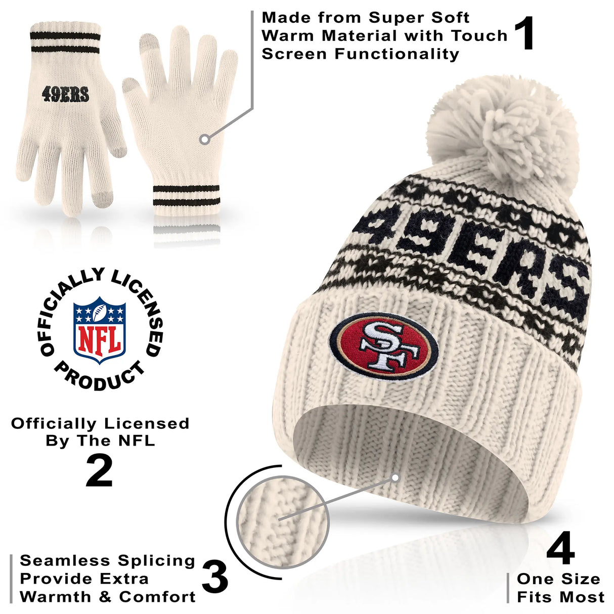 Ultra Game Adults NFL Official Super Soft Cable Knit Winter Beanie Knit Hat with Warm Touch Screen Gloves | San Francisco 49ers