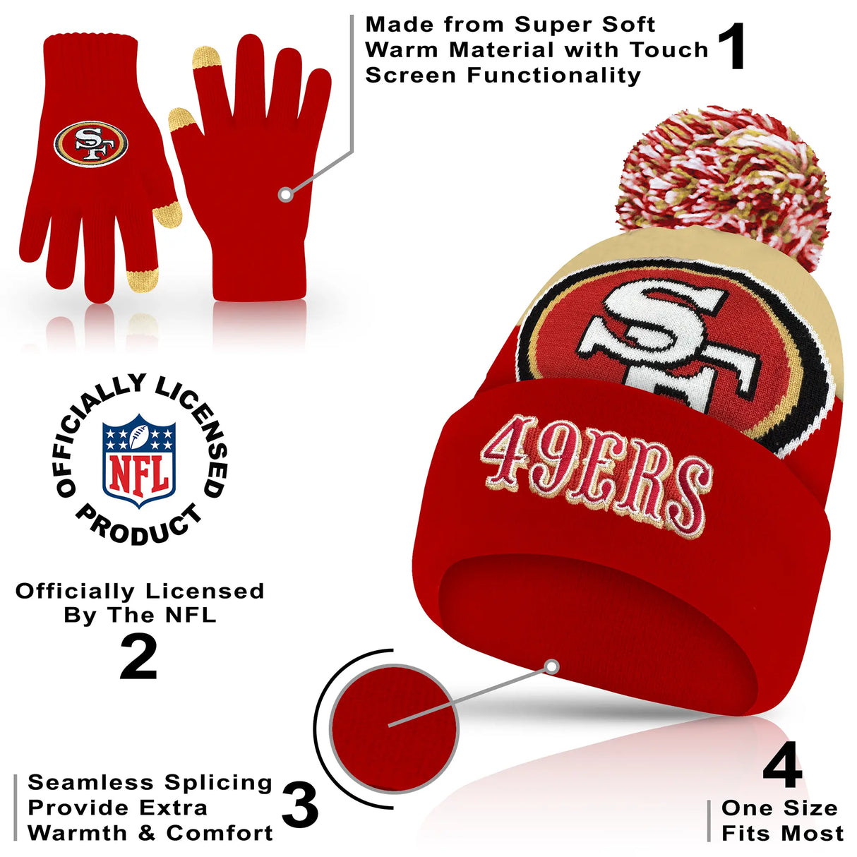 Ultra Game Adults NFL Official Super Soft Winter Beanie Knit Hat With Warm Touch Screen Gloves | San Francisco 49ers