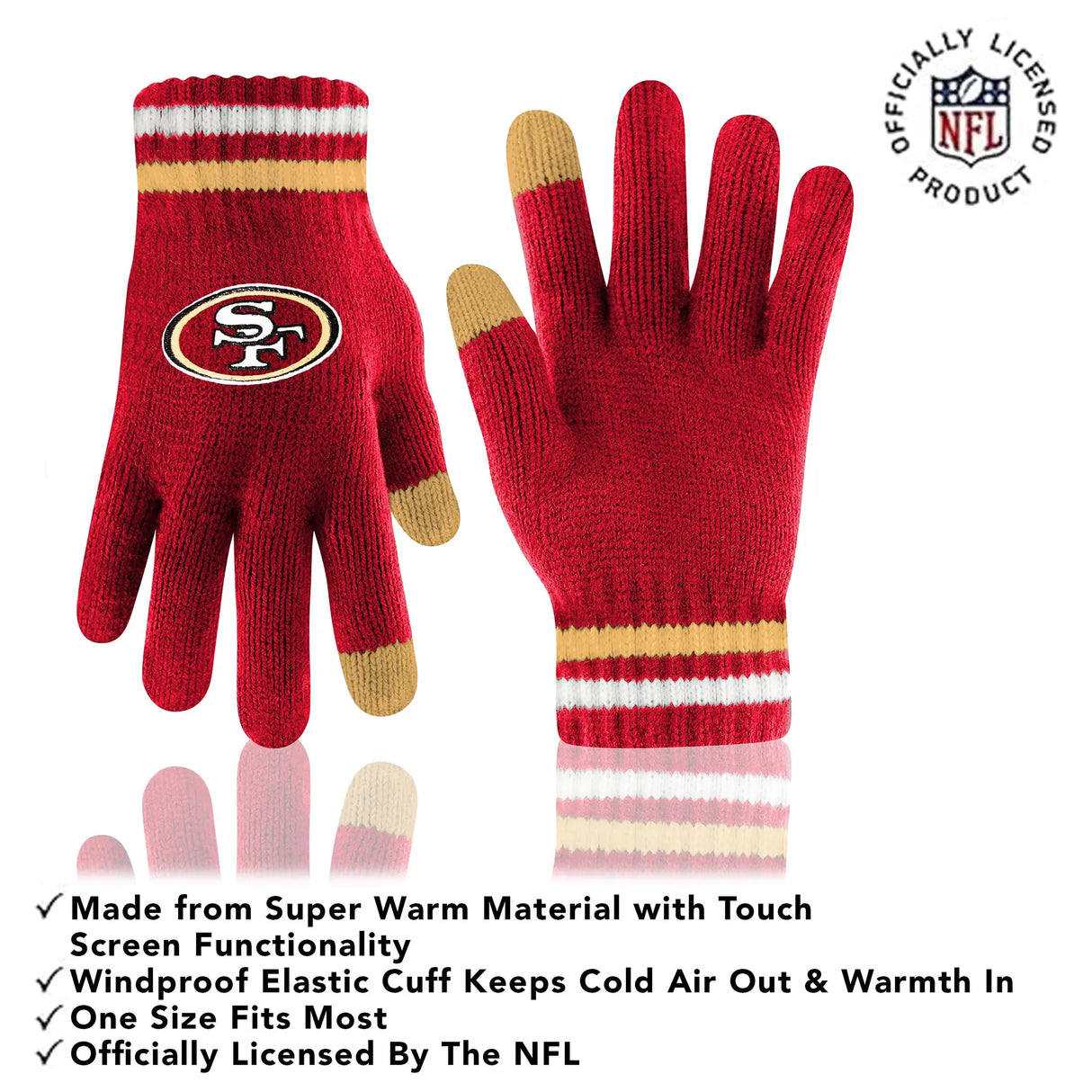 Ultra Game Adults NFL Official Super Soft Team Stripe Winter Beanie Knit Hat with Extra Warm Touch Screen Gloves | San Francisco 49ers