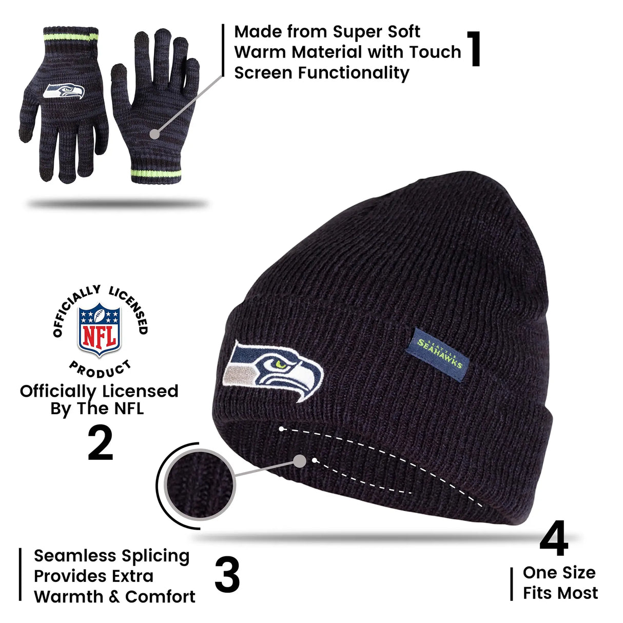 Ultra Game Adults NFL Official Super Soft Marl Knit Winter Beanie Knit Hat with Extra Warm Touch Screen Gloves