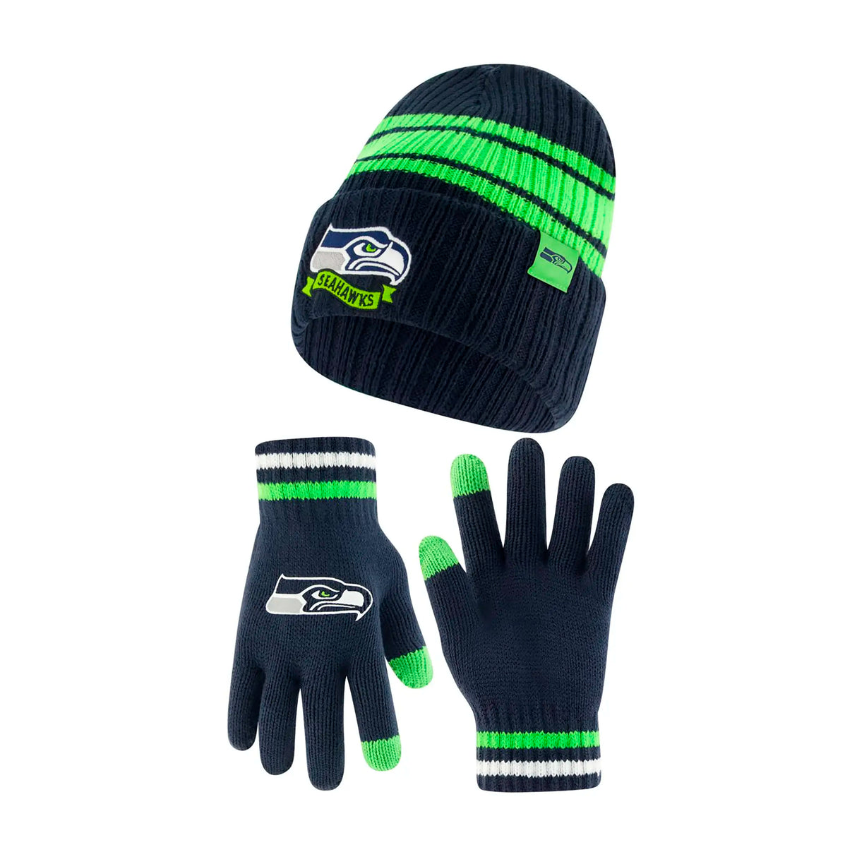 Ultra Game Adults NFL Official Super Soft Team Stripe Winter Beanie Knit Hat with Extra Warm Touch Screen Gloves | Seattle Seahawks
