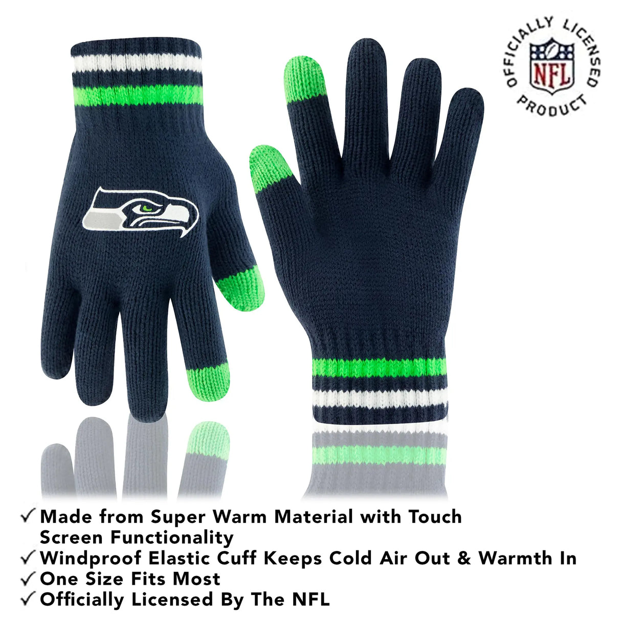 Ultra Game Adults NFL Official Super Soft Team Stripe Winter Beanie Knit Hat with Extra Warm Touch Screen Gloves | Seattle Seahawks