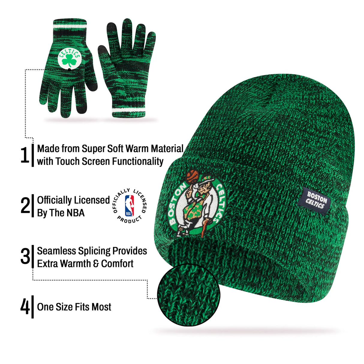 Ultra Game Men's NBA Official Super Soft Winter Beanie Knit Hat with Extra Warm Touch Screen Gloves | Boston Celtics