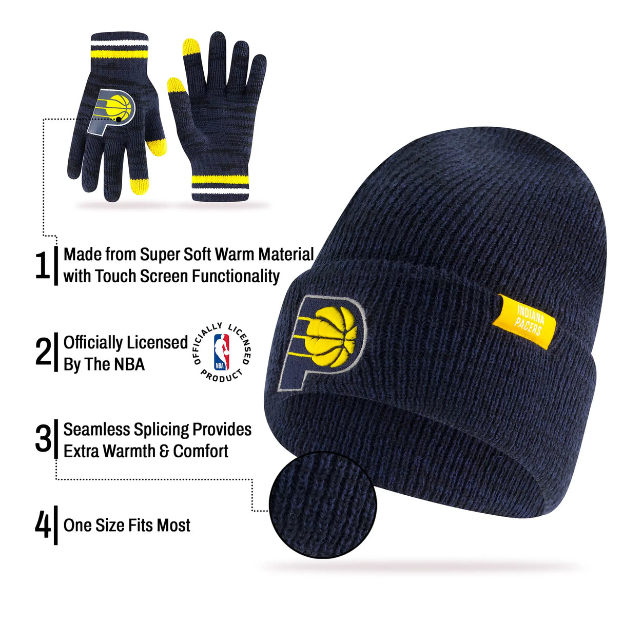 Ultra Game Men's NBA Official Super Soft Winter Beanie Knit Hat with Extra Warm Touch Screen Gloves | Indiana Pacers