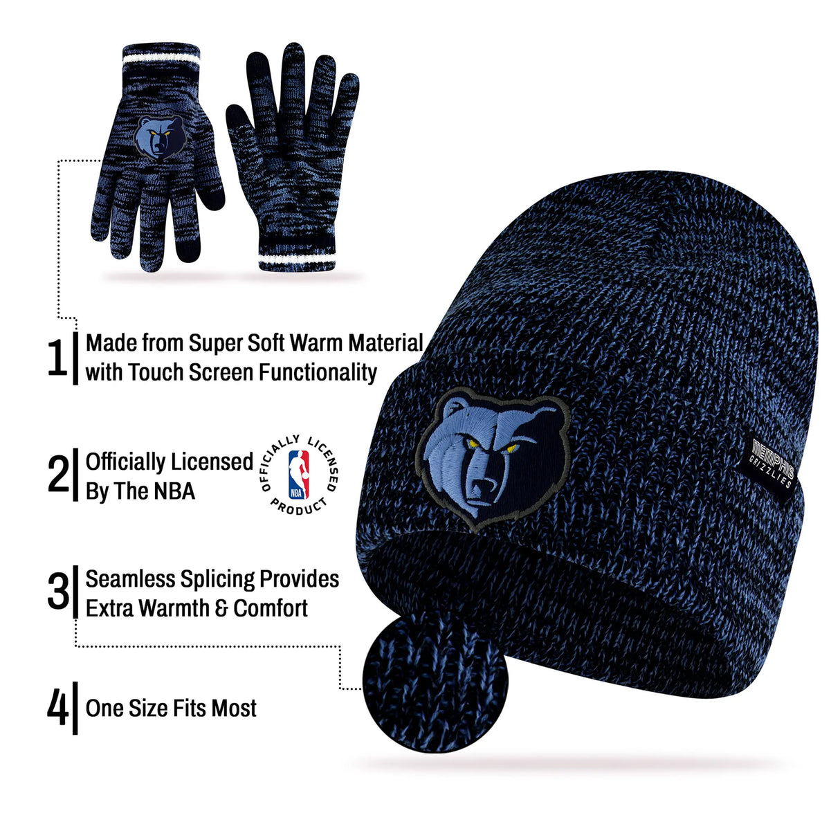Ultra Game Men's NBA Official Super Soft Winter Beanie Knit Hat with Extra Warm Touch Screen Gloves | Memphis Grizzlies