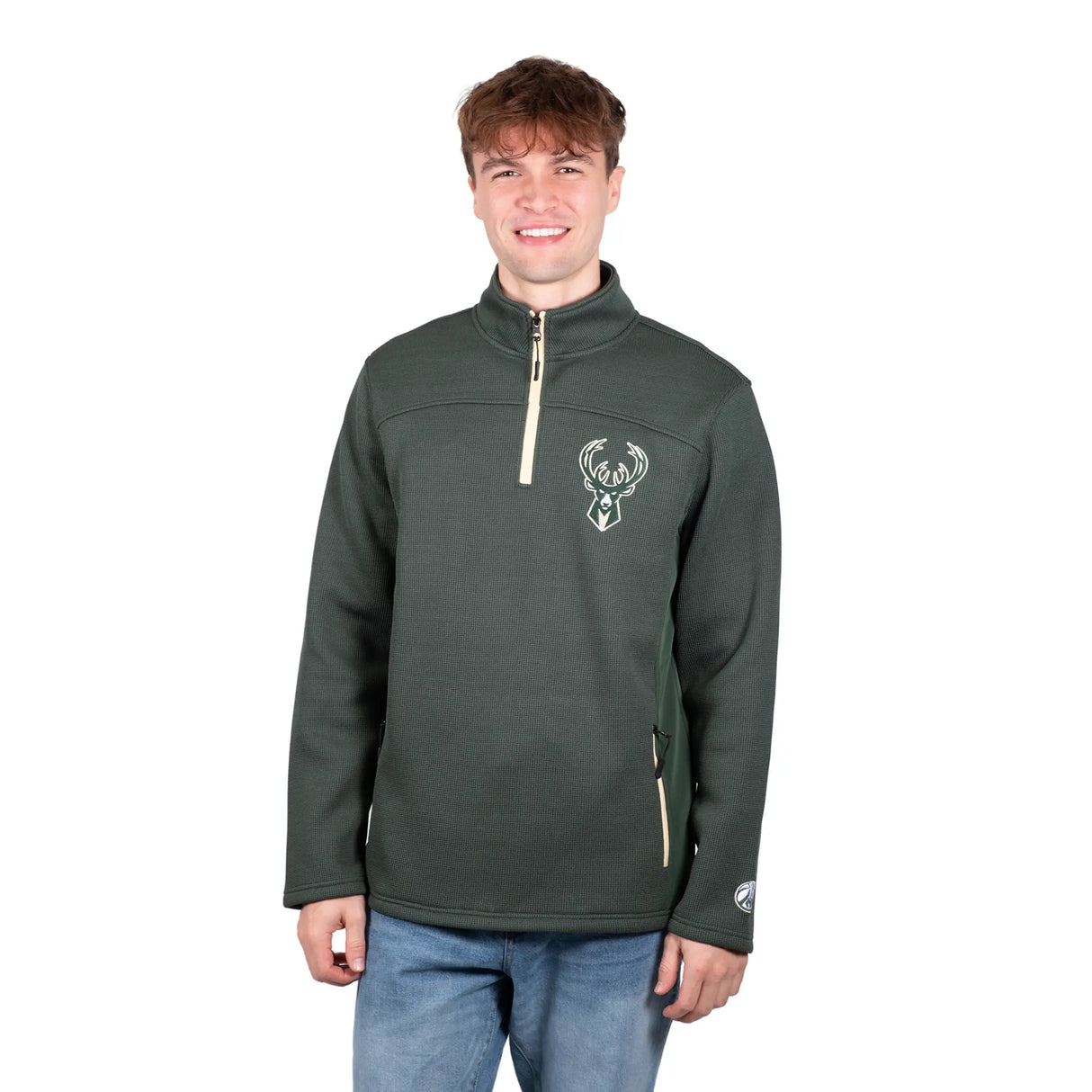 Ultra Game Men's NBA Official Super Soft Quarter Zip Sweatshirt with Zipper Pockets | Milwaukee Bucks