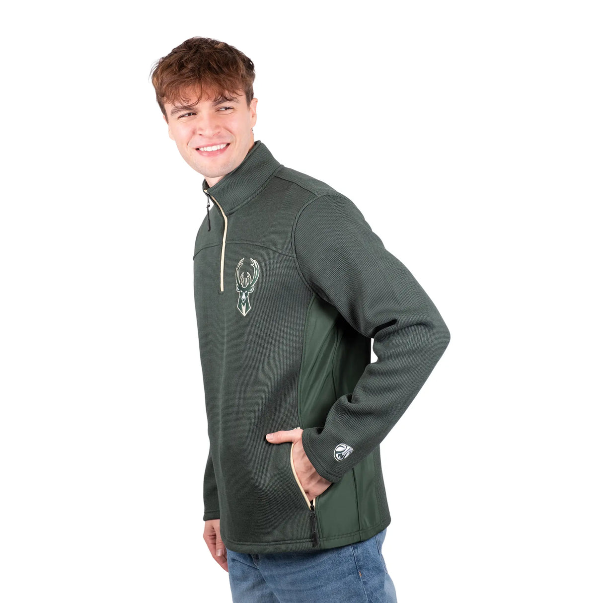 Ultra Game Men's NBA Official Super Soft Quarter Zip Sweatshirt with Zipper Pockets | Milwaukee Bucks