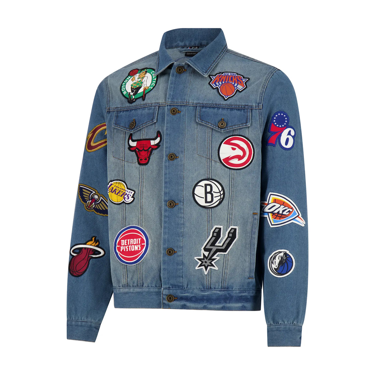 Ultra Game Men's NBA Official Distressed Multi-Team Denim Patch Jean Jacket | Multi-Team