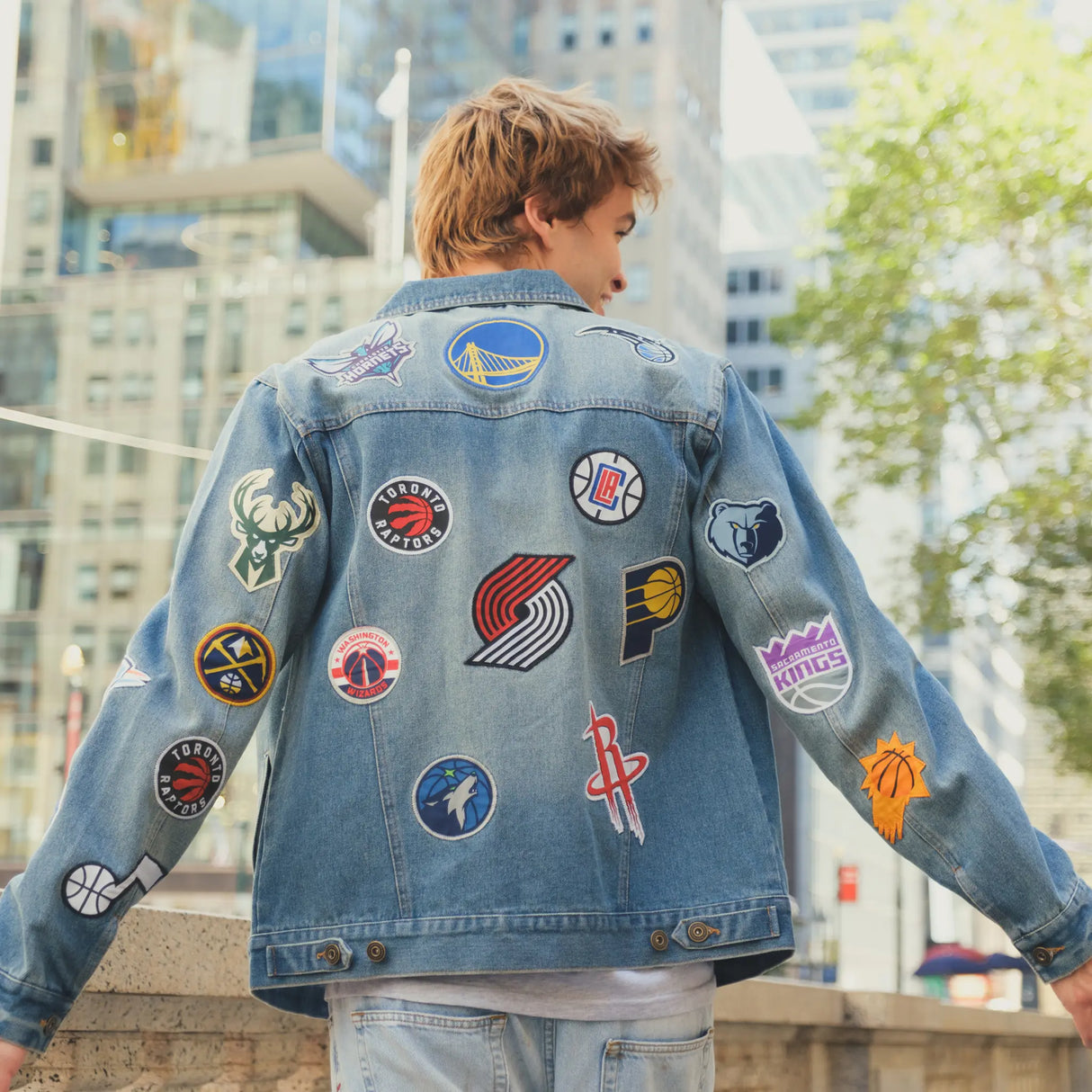 Ultra Game Men's NBA Official Distressed Multi-Team Denim Patch Jean Jacket | Multi-Team