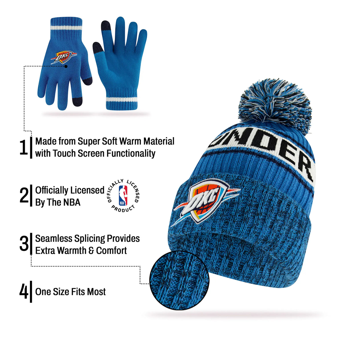 Ultra Game Men's NBA Official Super Soft Winter Beanie Hat with Extra Warm Touch Screen Gloves | Oklahoma City Thunder