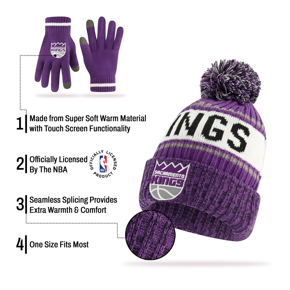 Ultra Game Men's NBA Official Super Soft Winter Beanie Hat with Extra Warm Touch Screen Gloves | Sacramento Kings