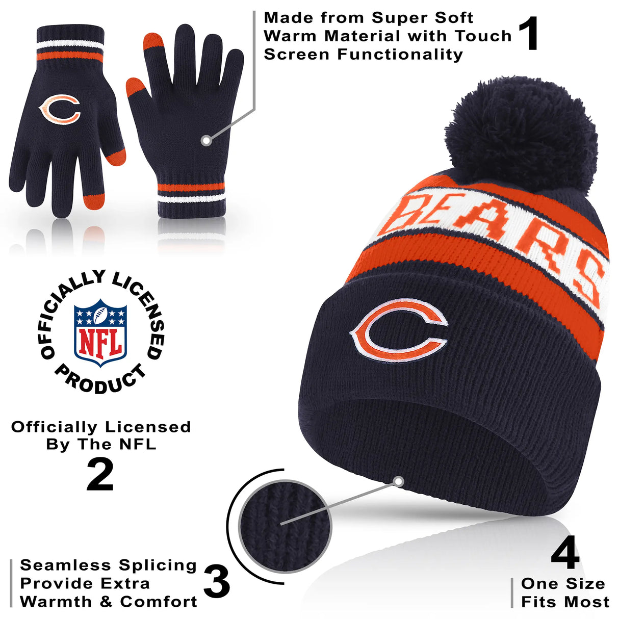 Ultra Game Youth NFL Official Super Soft Winter Beanie Knit Hat With Extra Warm Touch Screen Gloves | Chicago Bears