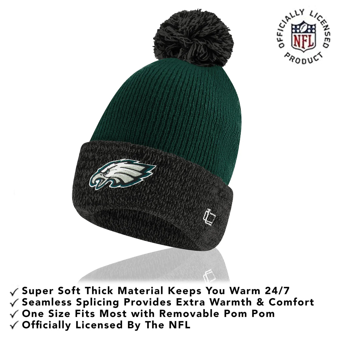 Ultra Game Youth NFL Official Super Soft Two Tone Winter Beanie Knit Hat with Extra Warm Touch Screen Gloves | Philadelphia Eagles