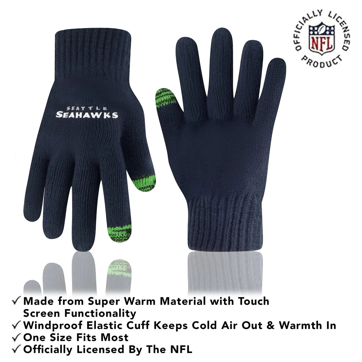 Ultra Game Youth NFL Official Super Soft Two Tone Winter Beanie Knit Hat with Extra Warm Touch Screen Gloves | Seattle Seahawks