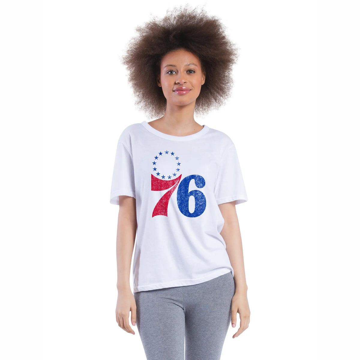 Ultra Game Women's NBA Official Soft Vintage Distressed Graphics T-Shirt | Philadelphia 76ers
