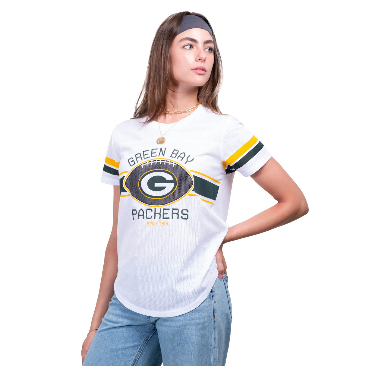 Ultra Game Women's NFL Official Soft Mesh Varsity Stripe T-Shirt | Green Bay Packers