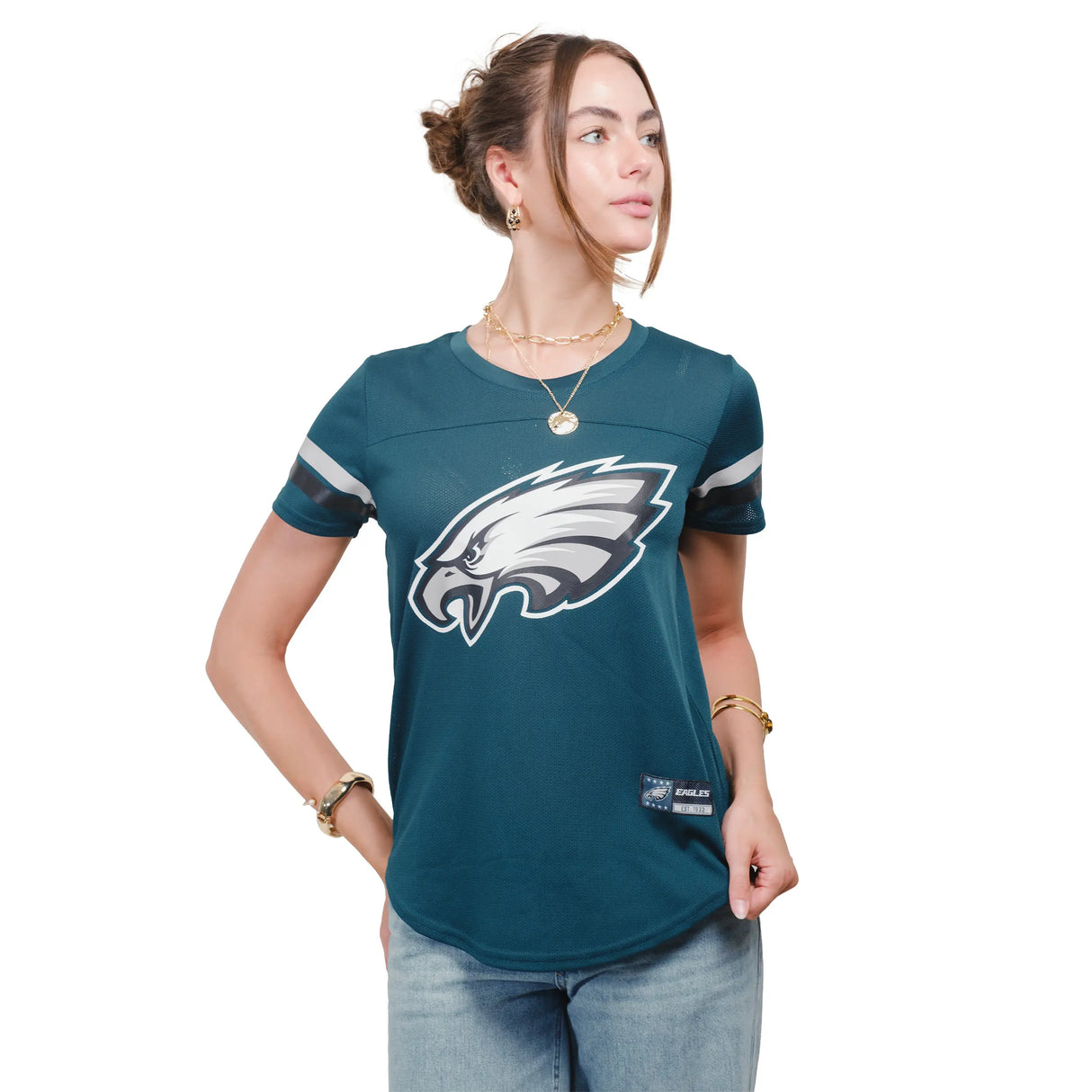 Ultra Game Women's NFL Official Soft Mesh Varsity Stripe T-Shirt | Philadelphia Eagles