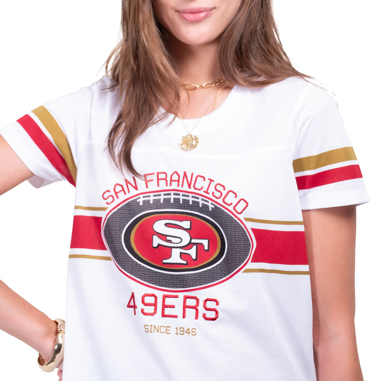 Ultra Game Women's NFL Official Soft Mesh Varsity Stripe T-Shirt | San Francisco 49ers