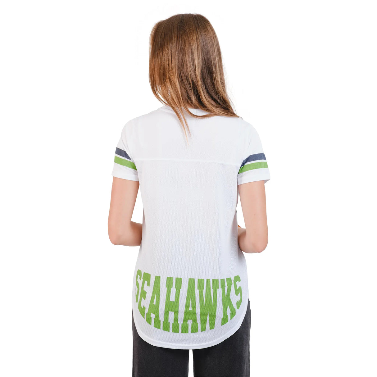 Ultra Game Women's NFL Official Soft Mesh Varsity Stripe T-Shirt | Seattle Seahawks