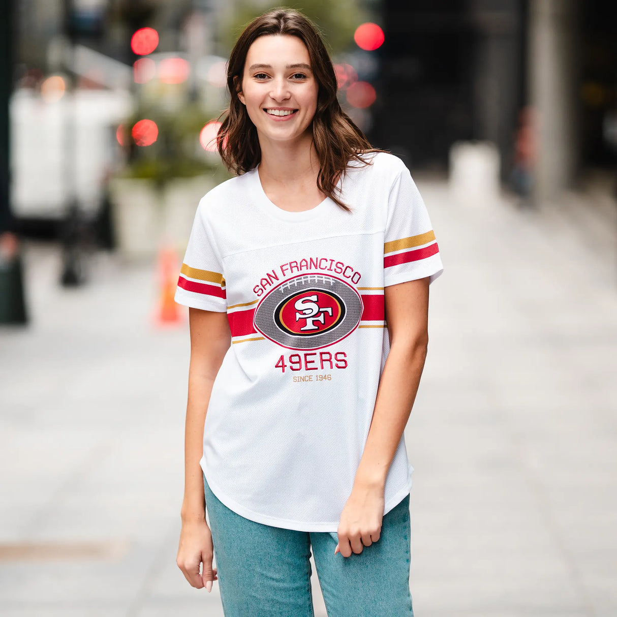 Ultra Game Women's NFL Official Soft Mesh Varsity Stripe T-Shirt | San Francisco 49ers