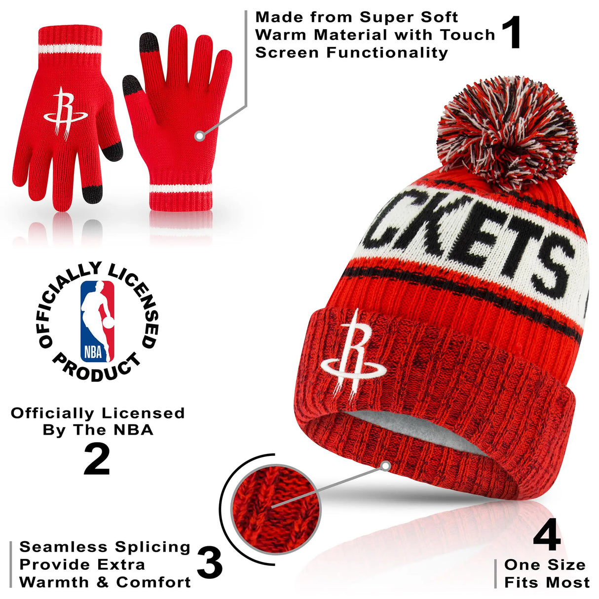Ultra Game Youth NBA Official Super Soft Winter Beanie Knit Hat With Extra Warm Touch Screen Gloves | Houston Rockets