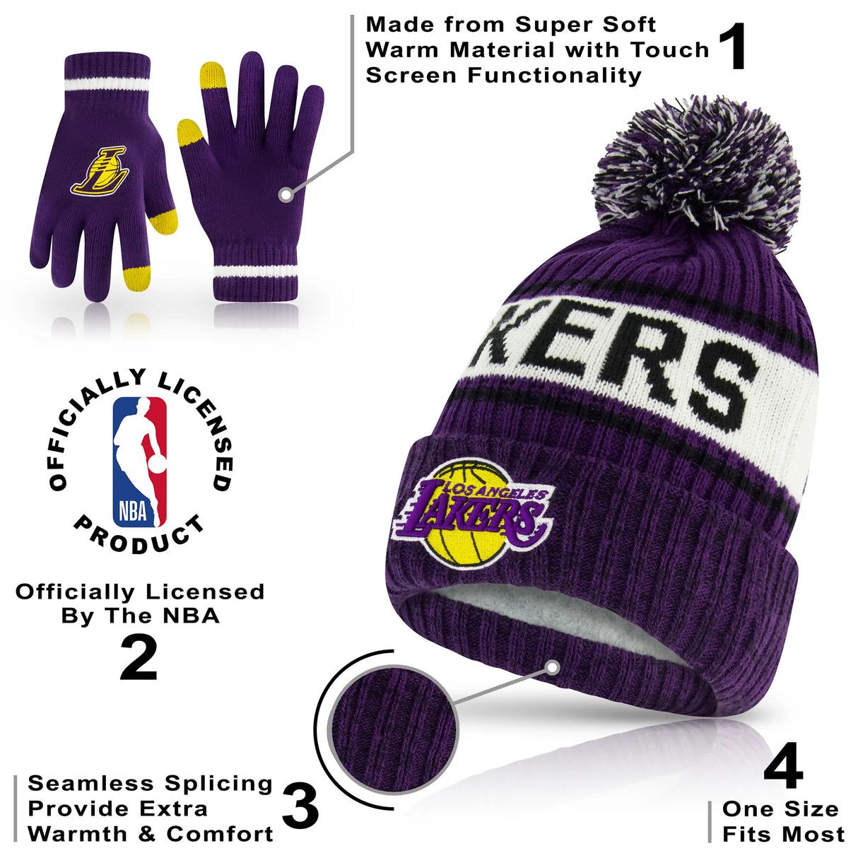 Ultra Game Youth NBA Official Super Soft Winter Beanie Knit Hat With Extra Warm Touch Screen Gloves | Los Angeles Lakers