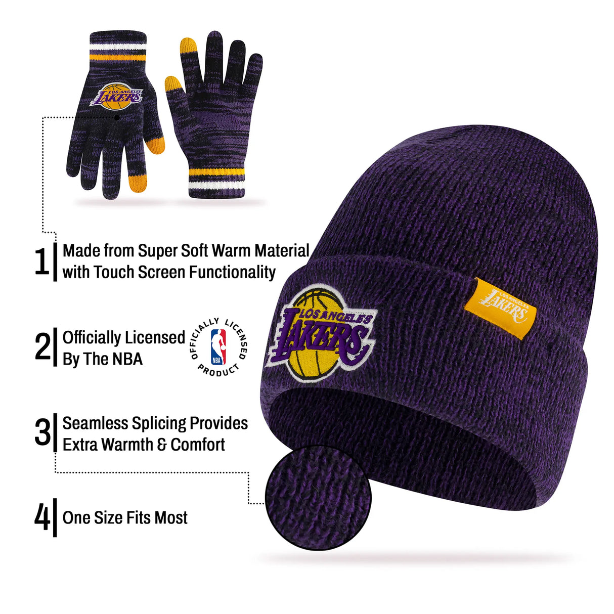Ultra Game Youth NBA Official Super Soft Winter Beanie Knit Hat With Extra Warm Touch Screen Gloves | Los Angeles Lakers
