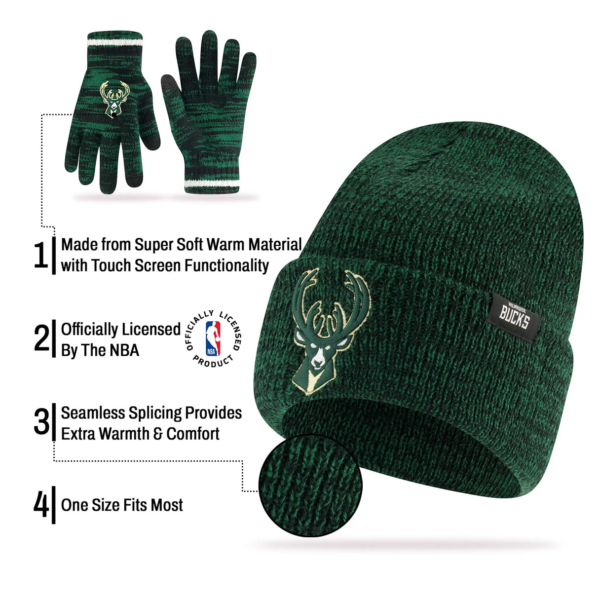Ultra Game Youth NBA Official Super Soft Winter Beanie Knit Hat With Extra Warm Touch Screen Gloves | Milwaukee Bucks
