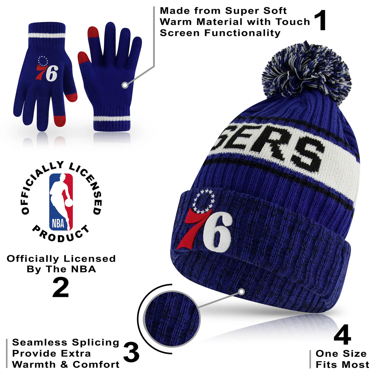 Ultra Game Youth NBA Official Super Soft Winter Beanie Knit Hat With Extra Warm Touch Screen Gloves | Philadelphia 76ers
