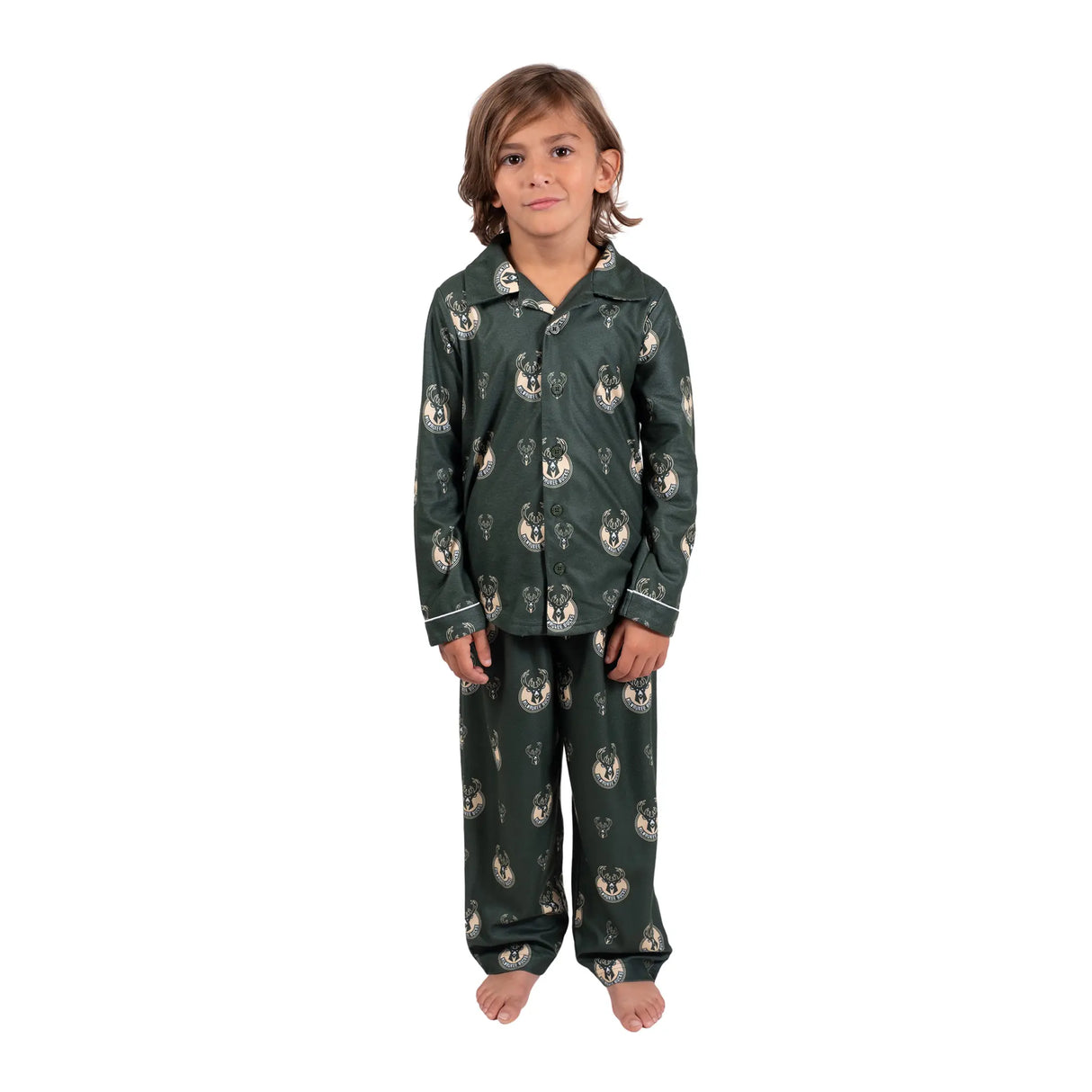 Ultra Game Youth NBA Official 2-Piece Super Soft Button Down Pajamas Set | Milwaukee Bucks