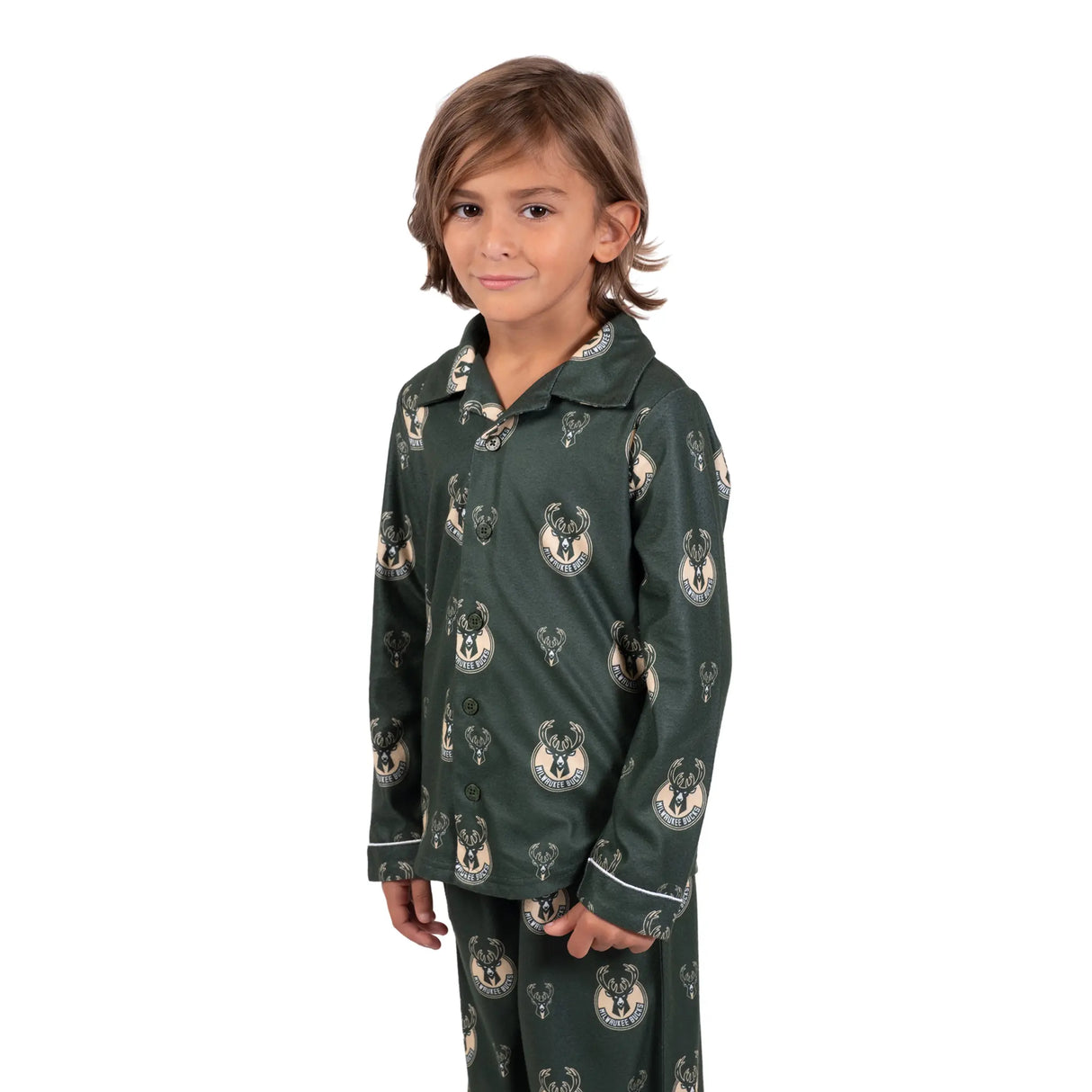 Ultra Game Youth NBA Official 2-Piece Super Soft Button Down Pajamas Set | Milwaukee Bucks